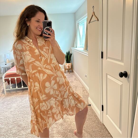 Robert Friedman Tan Neutral Floral Linen Mini Dress Large - Picture 3 of 11